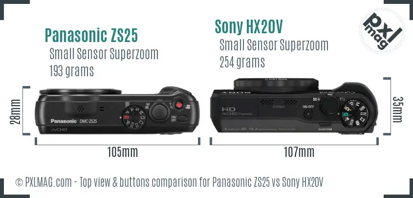 Panasonic ZS25 vs Sony HX20V top view buttons comparison