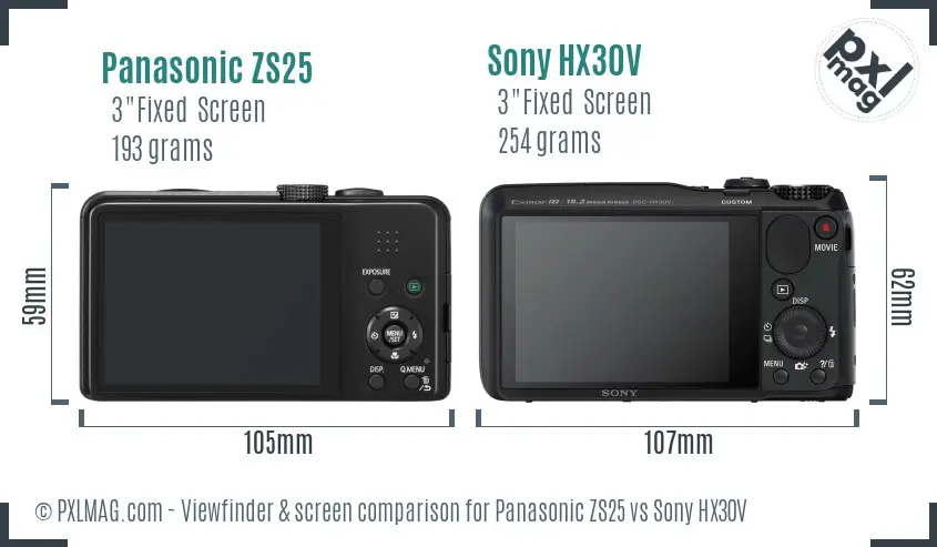 Panasonic ZS25 vs Sony HX30V Screen and Viewfinder comparison