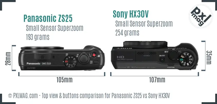 Panasonic ZS25 vs Sony HX30V top view buttons comparison