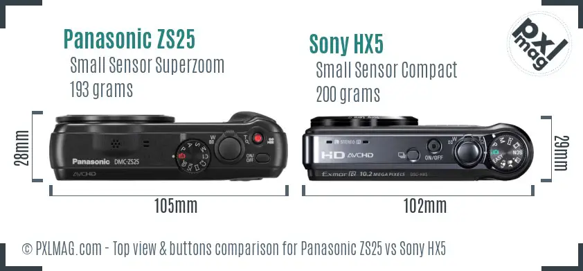 Panasonic ZS25 vs Sony HX5 top view buttons comparison Panasonic ZS25 vs Sony HX5 top view buttons comparison