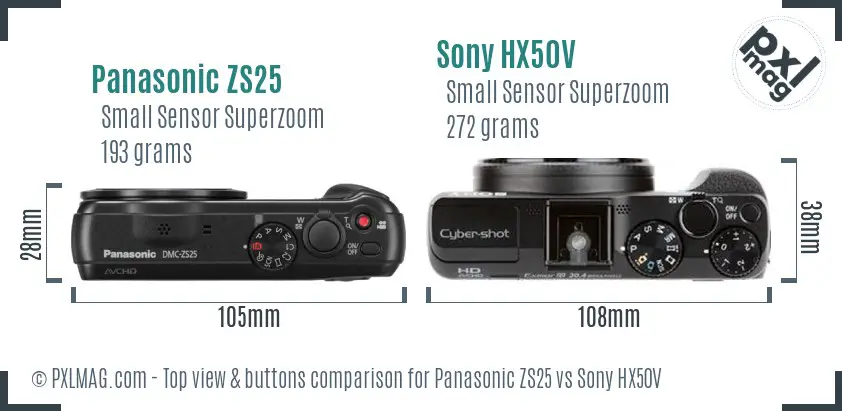 Panasonic ZS25 vs Sony HX50V top view buttons comparison