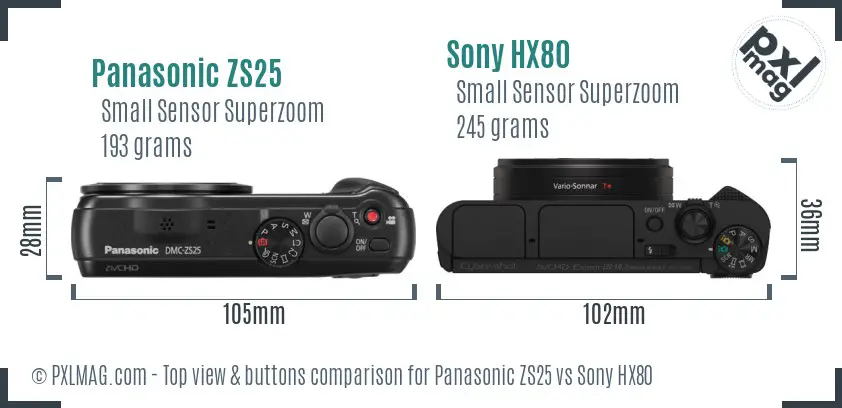 Panasonic ZS25 vs Sony HX80 top view buttons comparison Panasonic ZS25 vs Sony HX80 top view buttons comparison