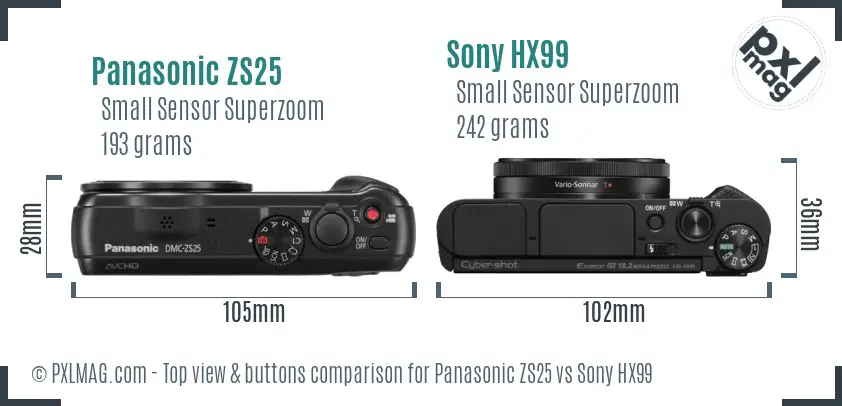 Panasonic ZS25 vs Sony HX99 top view buttons comparison