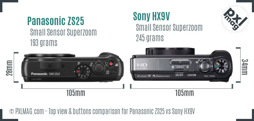 Panasonic ZS25 vs Sony HX9V top view buttons comparison