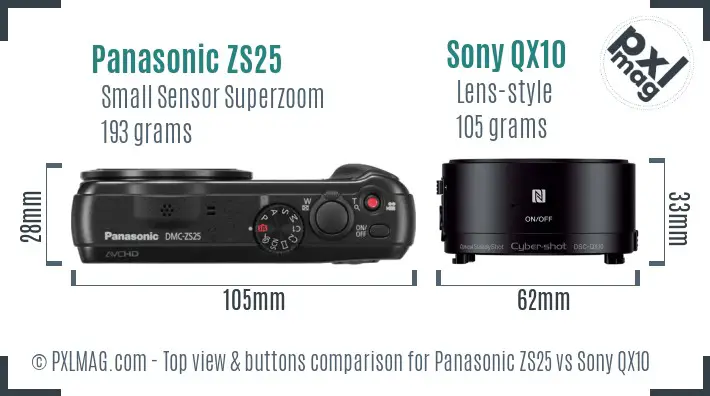 Panasonic ZS25 vs Sony QX10 top view buttons comparison Panasonic ZS25 vs Sony QX10 top view buttons comparison