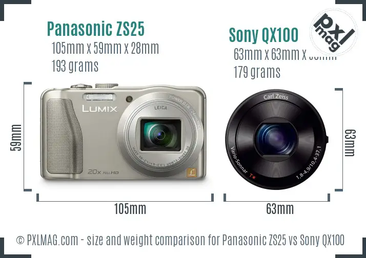 Panasonic ZS25 vs Sony QX100 size comparison