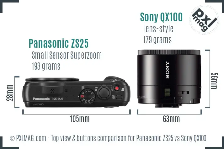 Panasonic ZS25 vs Sony QX100 top view buttons comparison