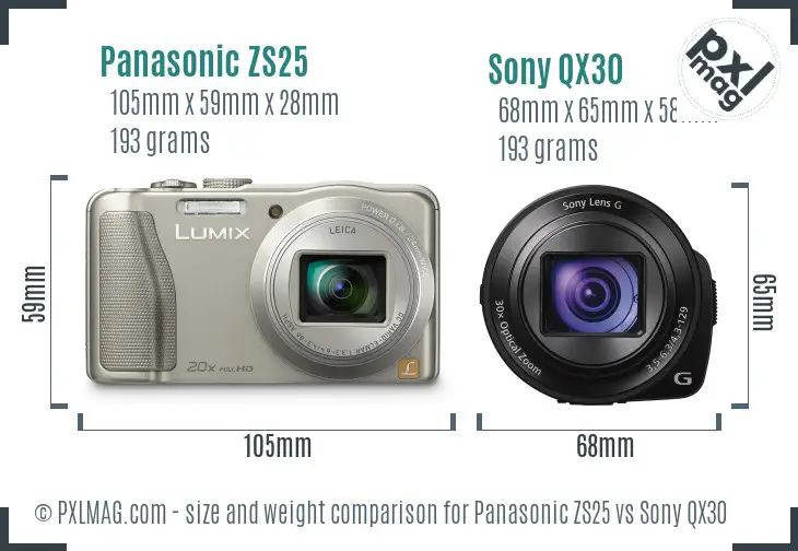 Panasonic ZS25 vs Sony QX30 size comparison