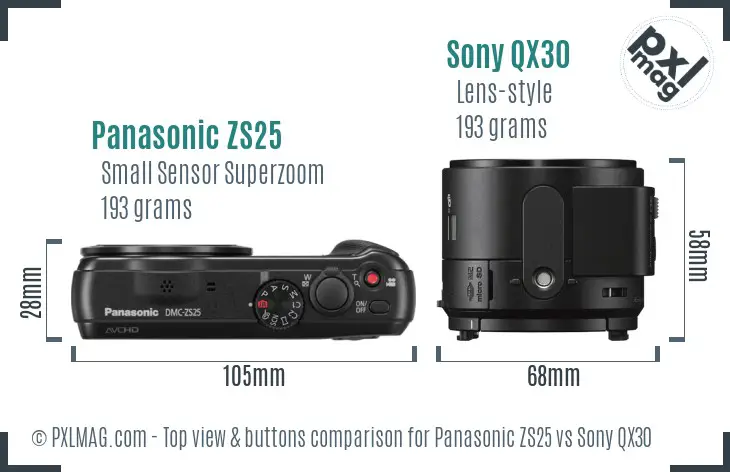 Panasonic ZS25 vs Sony QX30 top view buttons comparison