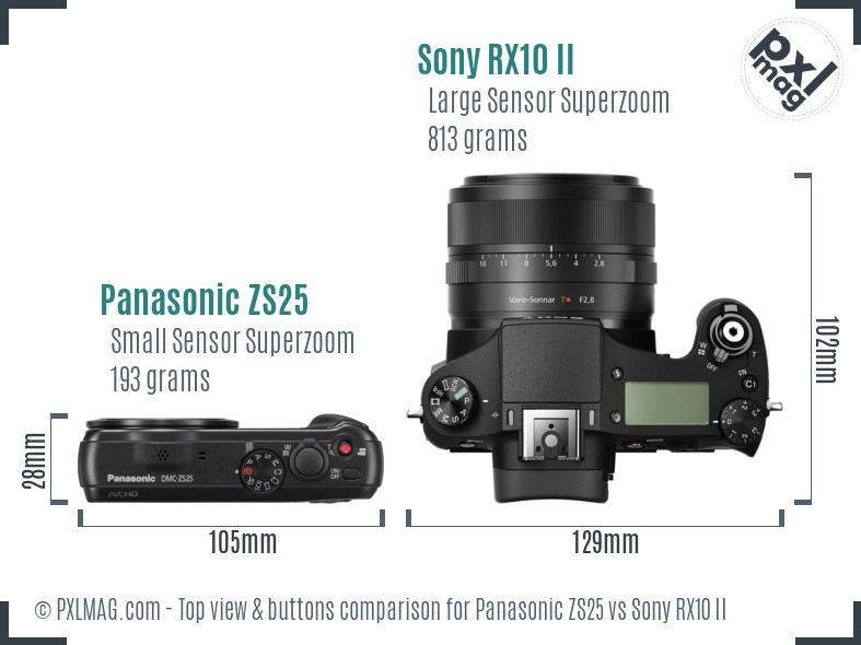 Panasonic ZS25 vs Sony RX10 II top view buttons comparison