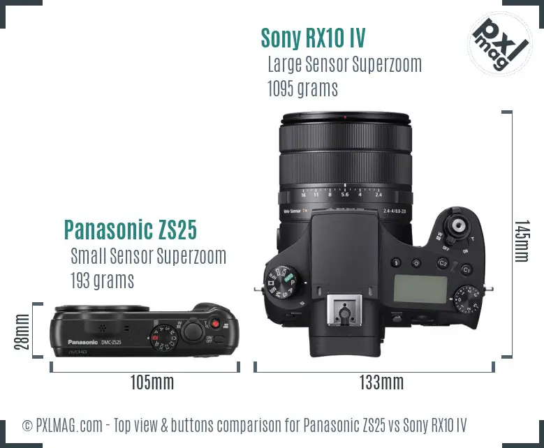 Panasonic ZS25 vs Sony RX10 IV top view buttons comparison