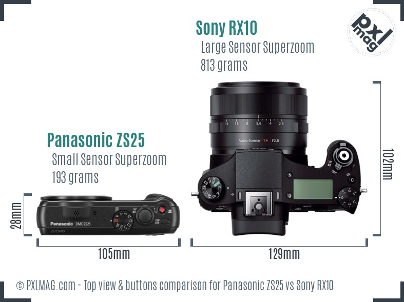 Panasonic ZS25 vs Sony RX10 top view buttons comparison