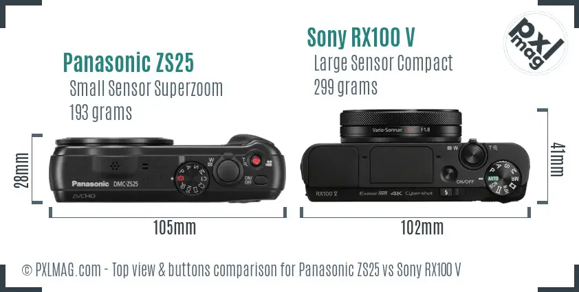 Panasonic ZS25 vs Sony RX100 V top view buttons comparison Panasonic ZS25 vs Sony RX100 V top view buttons comparison
