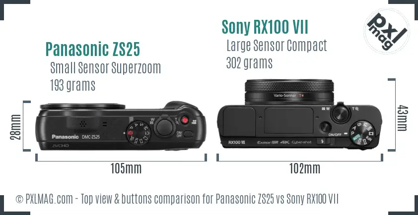 Panasonic ZS25 vs Sony RX100 VII top view buttons comparison