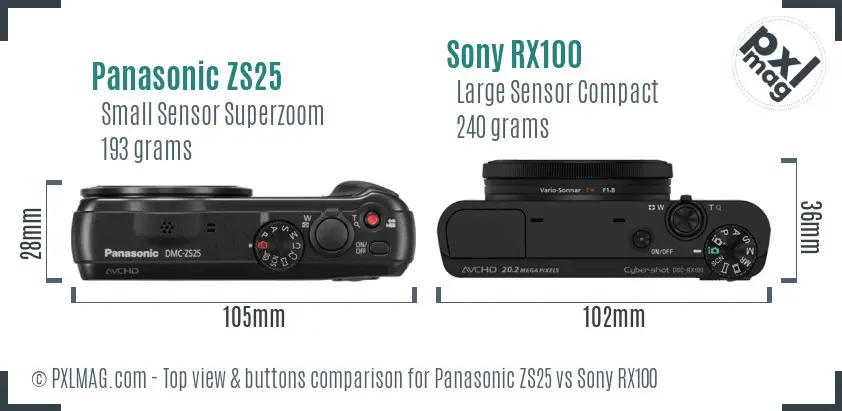 Panasonic ZS25 vs Sony RX100 top view buttons comparison Panasonic ZS25 vs Sony RX100 top view buttons comparison