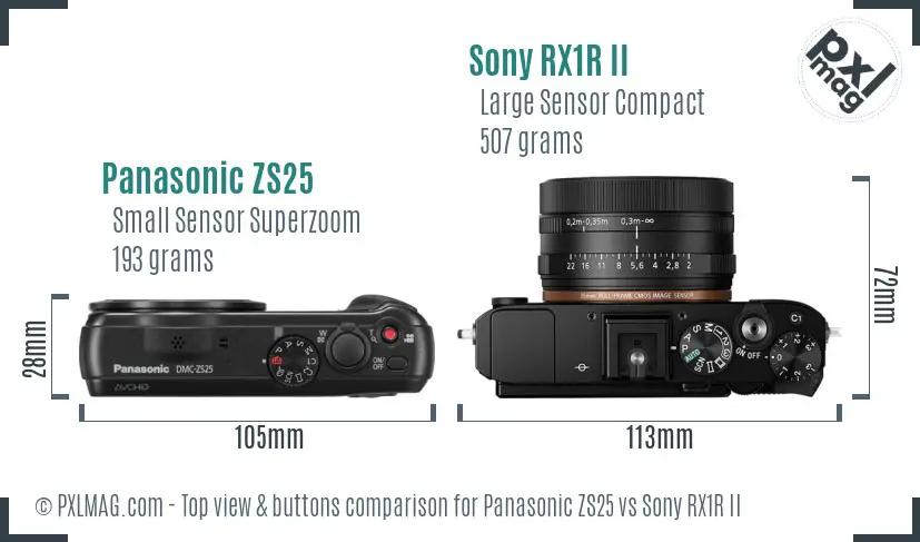 Panasonic ZS25 vs Sony RX1R II top view buttons comparison
