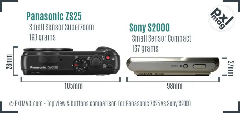 Panasonic ZS25 vs Sony S2000 top view buttons comparison Panasonic ZS25 vs Sony S2000 top view buttons comparison
