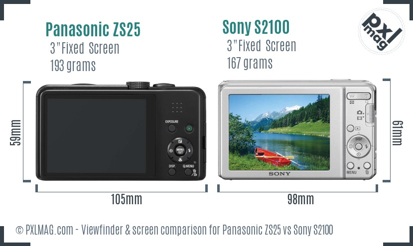 Panasonic ZS25 vs Sony S2100 Screen and Viewfinder comparison
