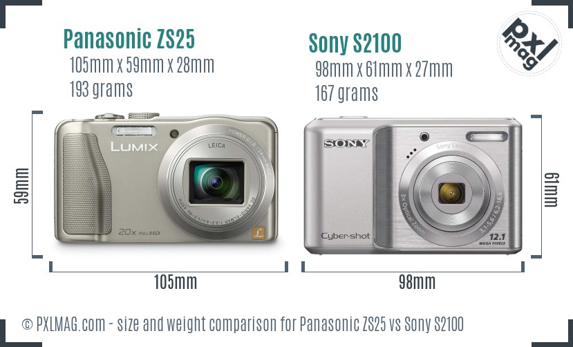 Panasonic ZS25 vs Sony S2100 size comparison
