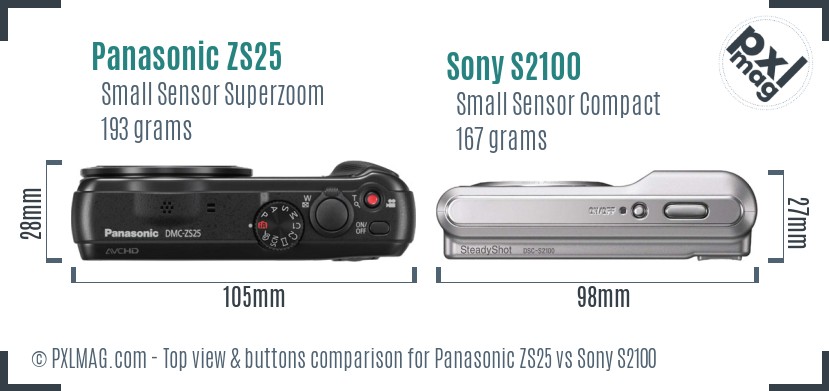 Panasonic ZS25 vs Sony S2100 top view buttons comparison