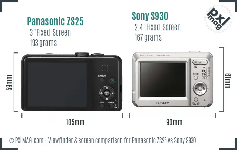 Panasonic ZS25 vs Sony S930 Screen and Viewfinder comparison