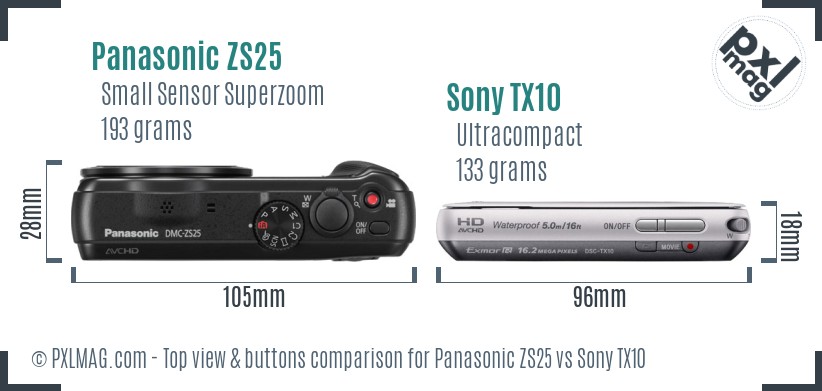 Panasonic ZS25 vs Sony TX10 top view buttons comparison