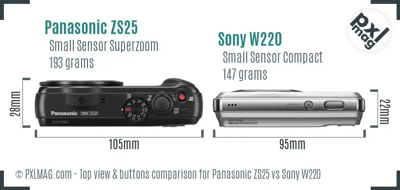 Panasonic ZS25 vs Sony W220 top view buttons comparison