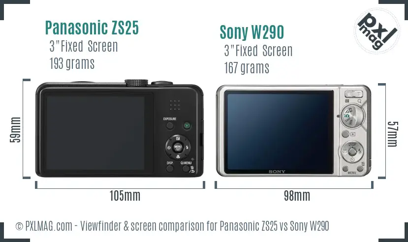 Panasonic ZS25 vs Sony W290 Screen and Viewfinder comparison