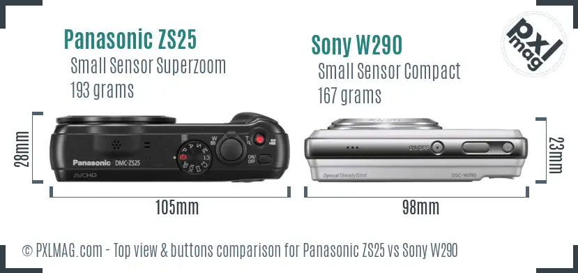 Panasonic ZS25 vs Sony W290 top view buttons comparison
