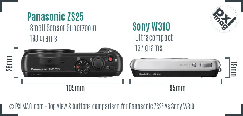 Panasonic ZS25 vs Sony W310 top view buttons comparison