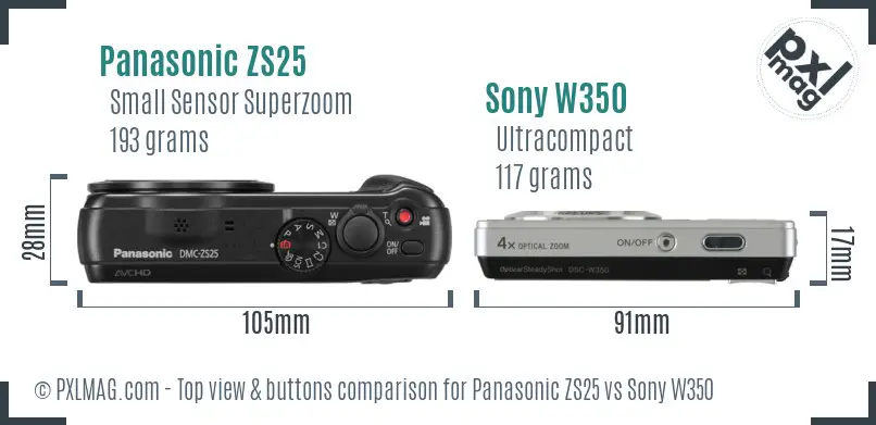 Panasonic ZS25 vs Sony W350 top view buttons comparison Panasonic ZS25 vs Sony W350 top view buttons comparison