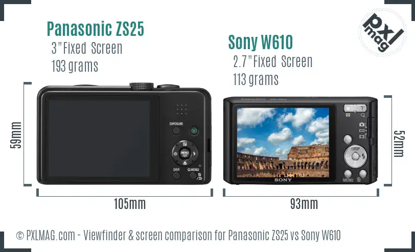 Panasonic ZS25 vs Sony W610 Screen and Viewfinder comparison