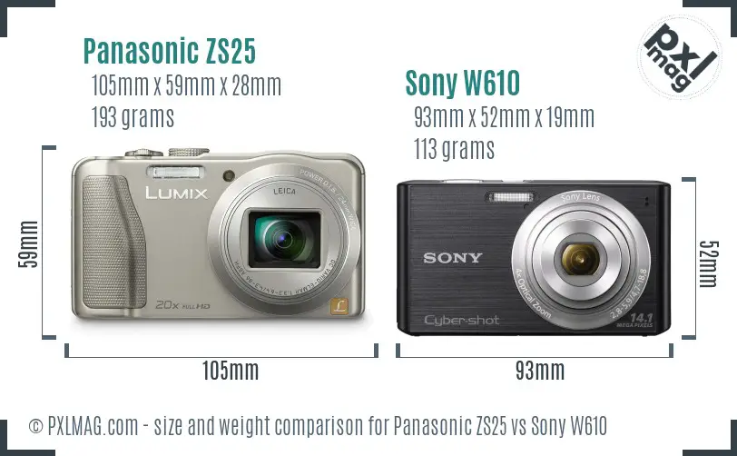 Panasonic ZS25 vs Sony W610 size comparison