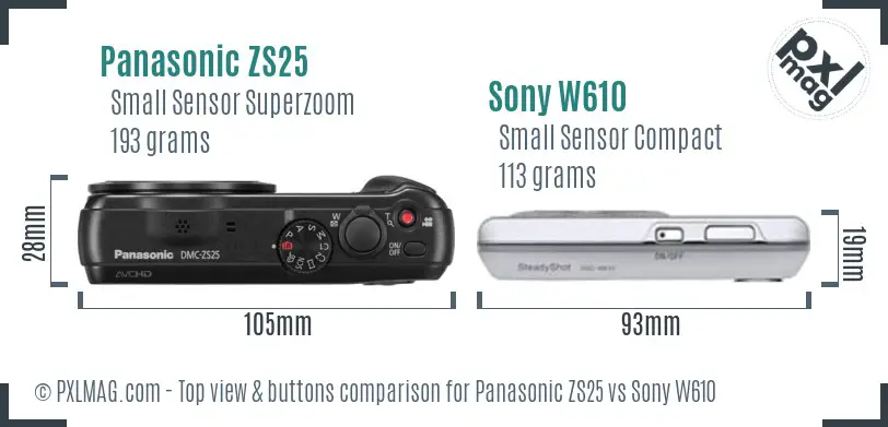 Panasonic ZS25 vs Sony W610 top view buttons comparison