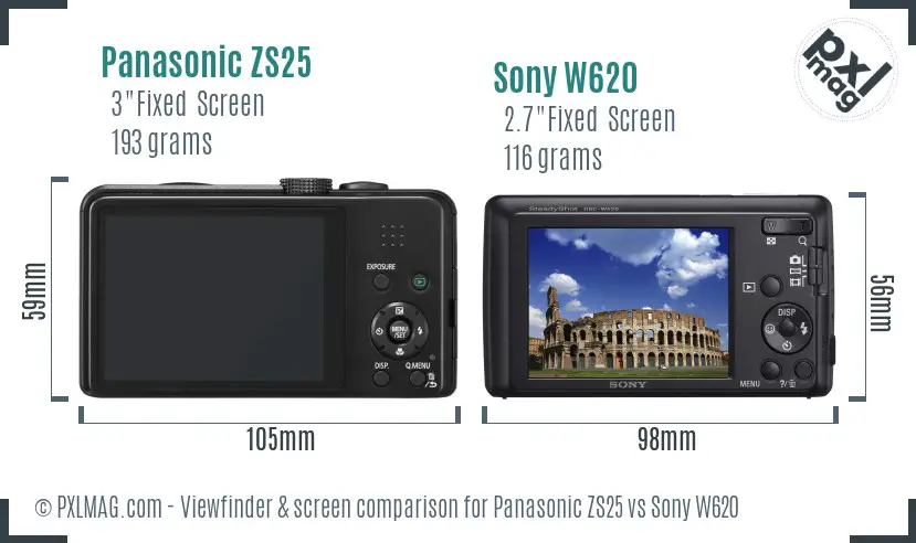 Panasonic ZS25 vs Sony W620 Screen and Viewfinder comparison