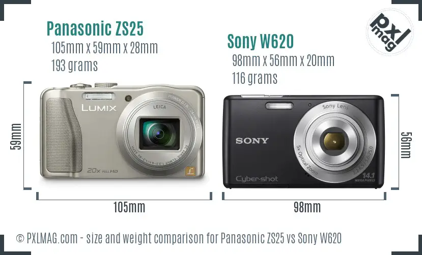 Panasonic ZS25 vs Sony W620 size comparison