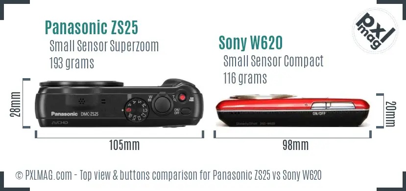 Panasonic ZS25 vs Sony W620 top view buttons comparison