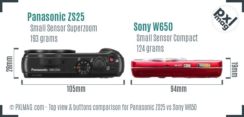 Panasonic ZS25 vs Sony W650 top view buttons comparison