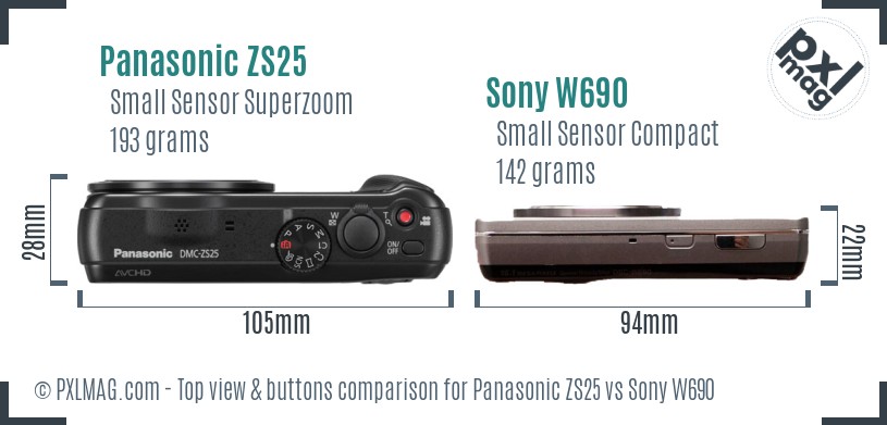Panasonic ZS25 vs Sony W690 top view buttons comparison
