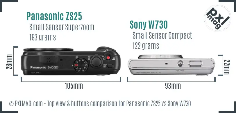 Panasonic ZS25 vs Sony W730 top view buttons comparison