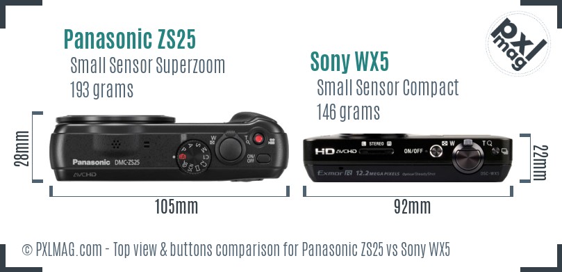 Panasonic ZS25 vs Sony WX5 top view buttons comparison