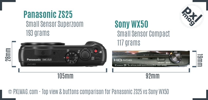 Panasonic ZS25 vs Sony WX50 top view buttons comparison