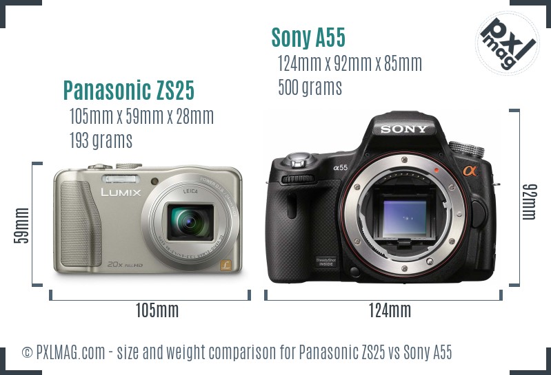 Panasonic ZS25 vs Sony A55 size comparison