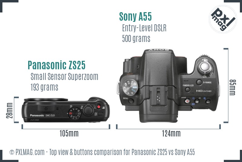 Panasonic ZS25 vs Sony A55 top view buttons comparison
