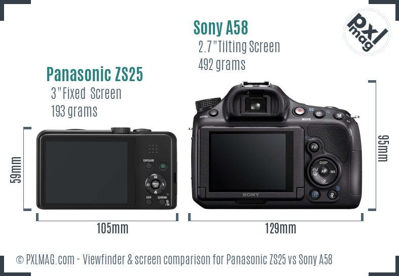 Panasonic ZS25 vs Sony A58 Screen and Viewfinder comparison