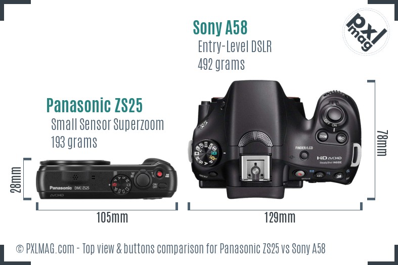 Panasonic ZS25 vs Sony A58 top view buttons comparison