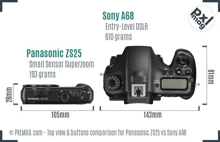 Panasonic ZS25 vs Sony A68 top view buttons comparison