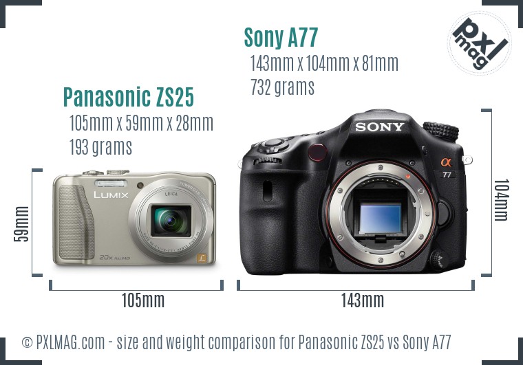 Panasonic ZS25 vs Sony A77 size comparison