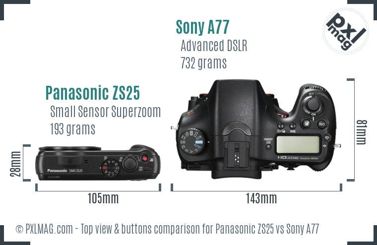 Panasonic ZS25 vs Sony A77 top view buttons comparison