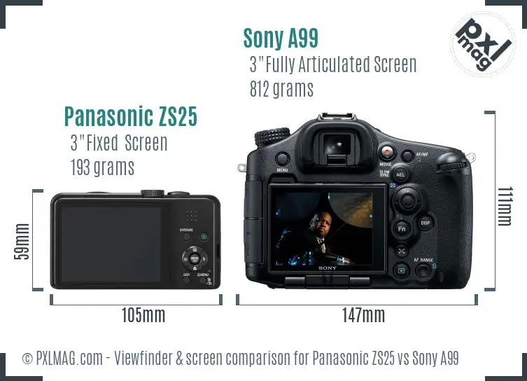 Panasonic ZS25 vs Sony A99 Screen and Viewfinder comparison